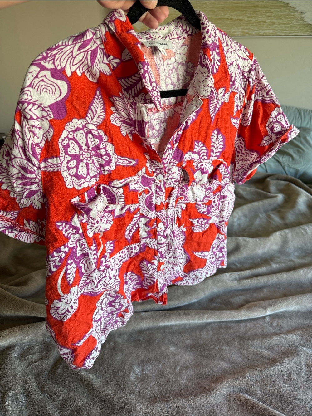 Calligraphie XL linen blend Red Floral Short-Sleeve Button Front Women’s Top